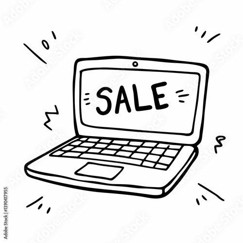 Simple Hand Drawn Laptop Illustration with Sale Text for Online Shopping Promotions