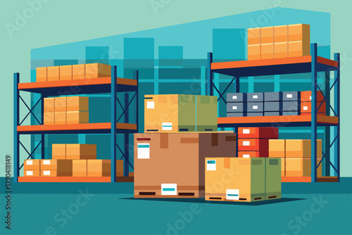 A cartoon illustration of a warehouse with boxes stacked on shelves. There are multiple stacks of boxes on two different shelves, and various colors, including orange, brown, and grey.