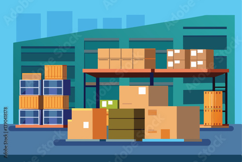An illustration of a warehouse exterior with stacks of cardboard boxes and storage racks in front of a large, teal-colored building.