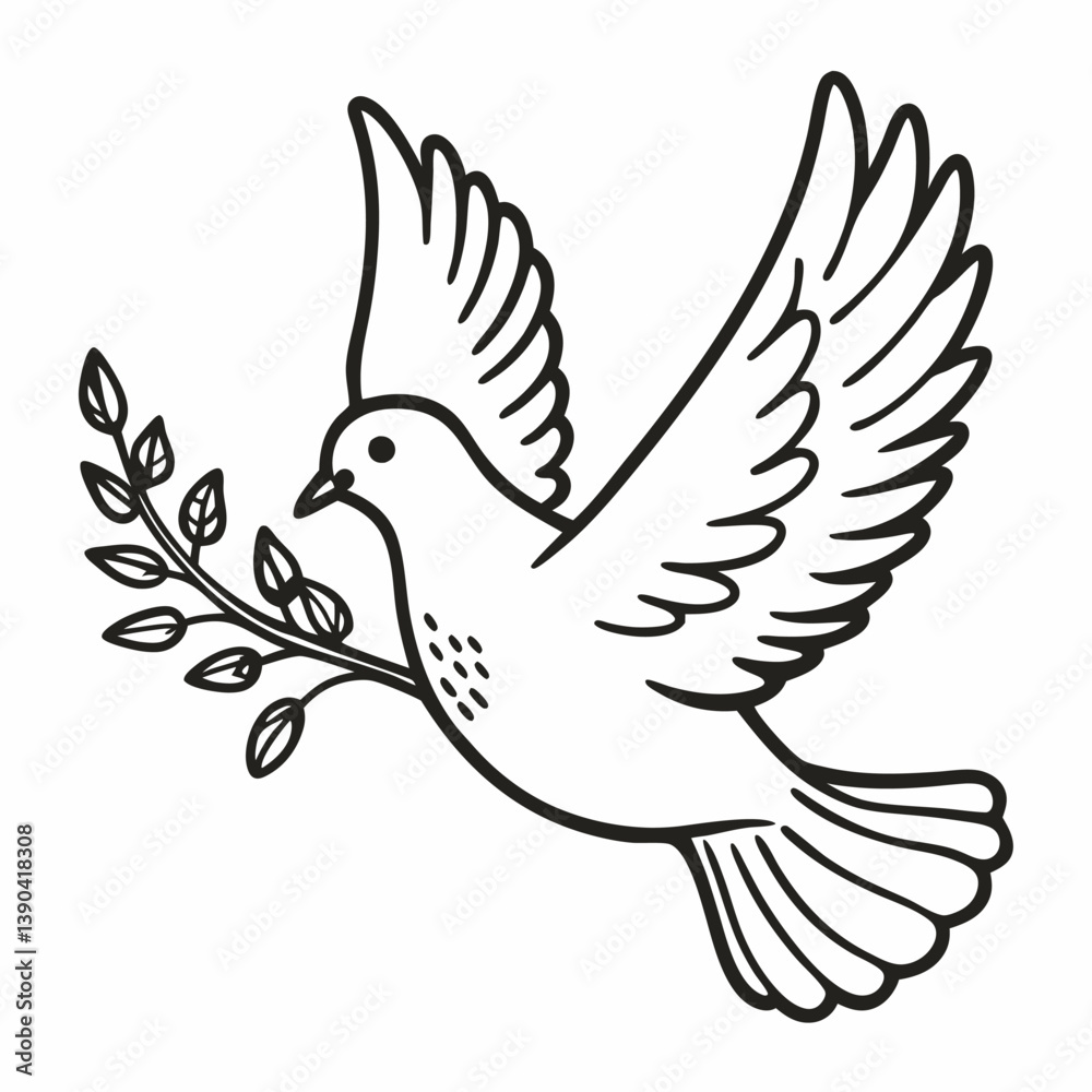 Fototapeta premium Peace Dove with Olive Branch Outline Symbol of Harmony and Hope Line Art Illustration