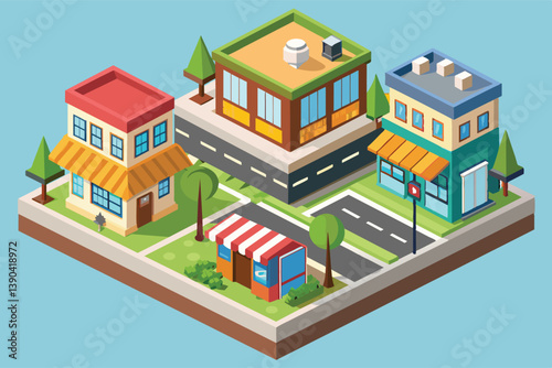 A colorful isometric illustration depicting a small town cityscape with buildings, streets, trees, and a street vendor.