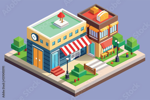 An isometric illustration of two shops on a city block with a sidewalk, streetlights, and small trees. The shops have awnings, windows, and doors.