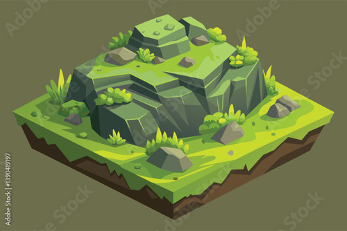 A digital illustration of a moss-covered rock formation set against a backdrop of vibrant green grass.