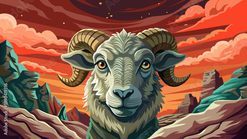 Sheep portrait on an alien rock formation under a strange colored sky, animal banner