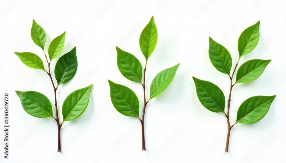Three branches with green leaves on a white background, white, branches, foliage Three branches with green leaves on a white background, white, branches, foliage