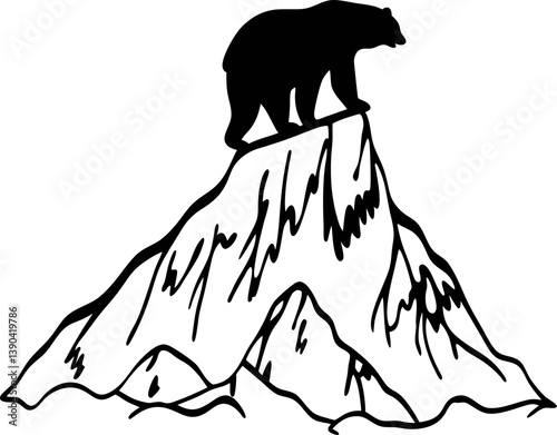 bear silhouette on snowy mountain peak wildlife illustration, nature symbol of strength and solitude