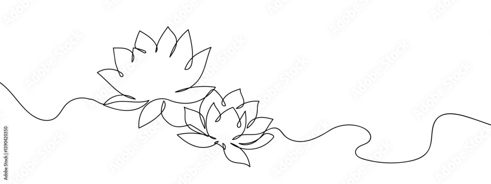 Fototapeta premium Continuous lines, pair of lotus flowers line art vector illustration editable stroke.