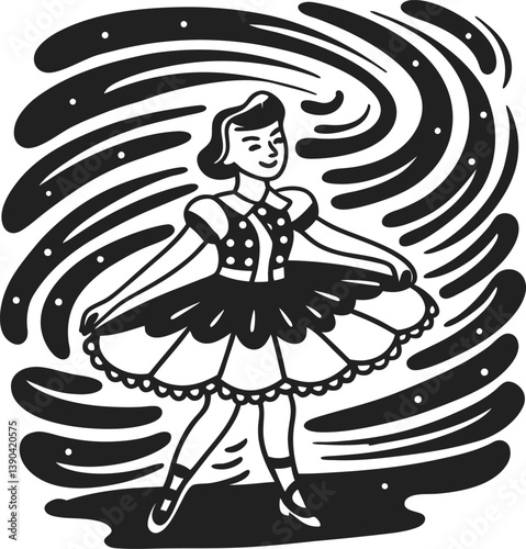Retro ballerina illustration with vintage swirl design, classic elegance in black and white