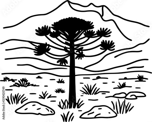 Araucaria tree silhouette in mountainous landscape outline drawing
