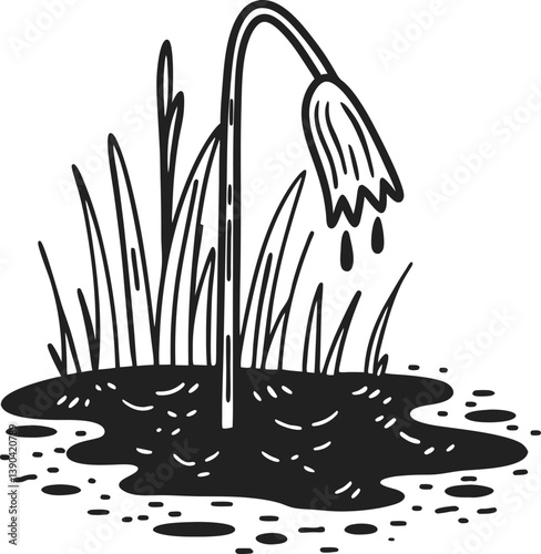 wilting flower dripping water in black and white sad nature symbol, dying plant illustration
