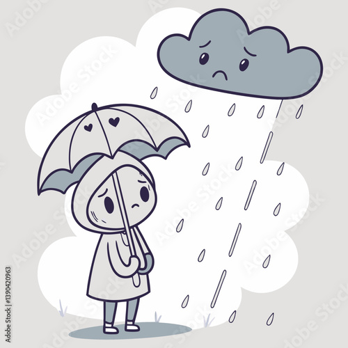 Sad cloud raining over a character holding a heart umbrella