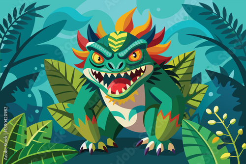 An illustration of a green monster with red horns, sharp teeth, and yellow eyes roaring in a jungle setting.