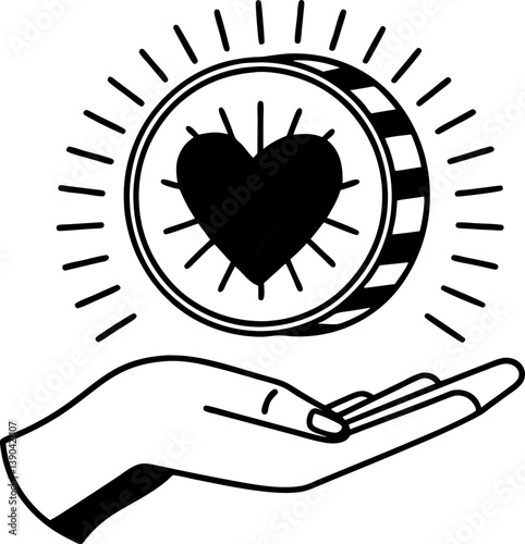 hand offering love and care heart symbol on coin, charity and generosity concept, support and kindness