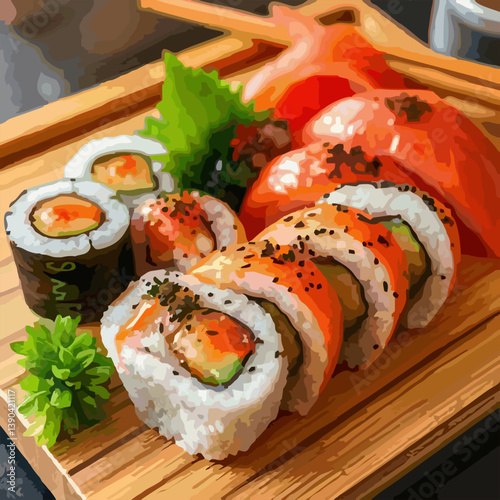 illustration of Traditional Japanese Cuisine Sushi