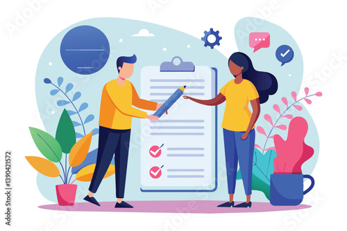 Two individuals, a man and a woman, are working together on a checklist. The man is handing a pencil to the woman, while she points to a specific section on the checklist.