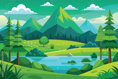 A picturesque illustration of a mountain landscape featuring a serene lake, green trees, and lush grass, creating a peaceful and idyllic scene.