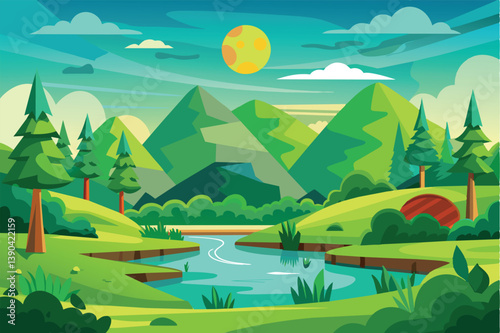 A colorful illustration depicting a serene lake in a mountainous landscape, with trees, hills, a yellow sun, and clouds.