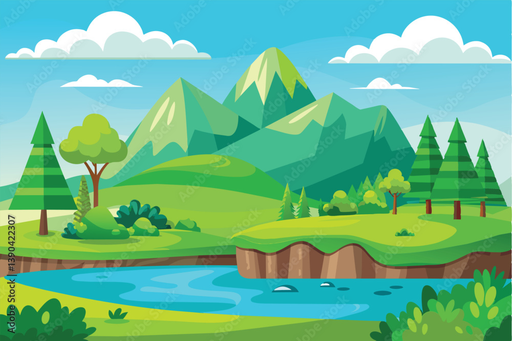 Fototapeta premium A colorful illustration of a peaceful mountain landscape with a winding river and lush green trees. The scene is vibrant and inviting, perfect for a relaxing backdrop.