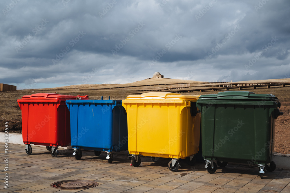 A vibrant row of colorful trash cans has been neatly arranged and lined up on the sidewalk, showcasing the importance of proper waste management and aesthetics in public spaces A vibrant row of colorful trash cans has been neatly arranged and lined up on the sidewalk, showcasing the importance of proper waste management and aesthetics in public spaces