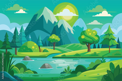 A vibrant illustration depicting a green mountainous landscape with a river, trees, and a sun shining brightly in the sky.