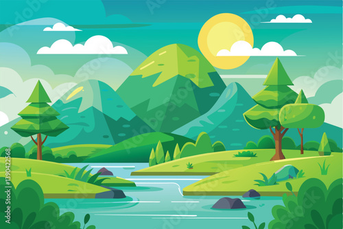A digital illustration of a green mountain range with a sunny sky, clouds, and a winding river.