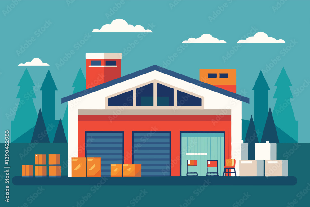 Fototapeta premium A flat-style illustration depicting a red brick warehouse building with garage doors and boxes in front. The building is set against a blue sky with white clouds and green trees.