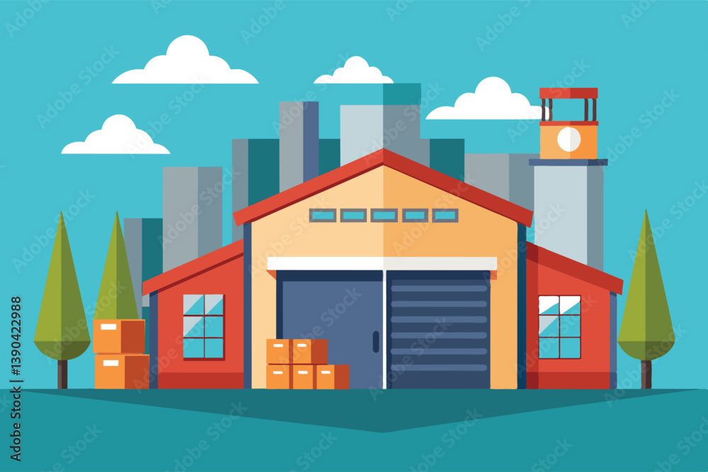 Fototapeta premium A flat, colorful illustration of a modern warehouse building with a large garage door and stacks of boxes in front of it.