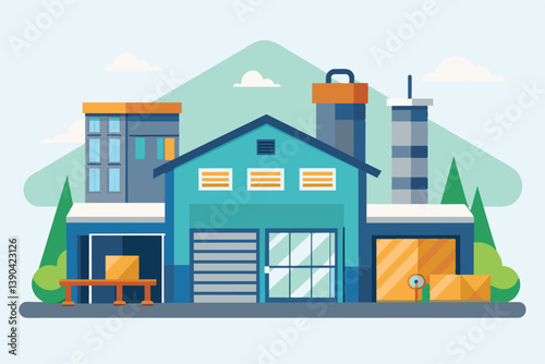 An illustration of a modern factory building with large doors and a loading dock. There is a separate office building and a tall smokestack.