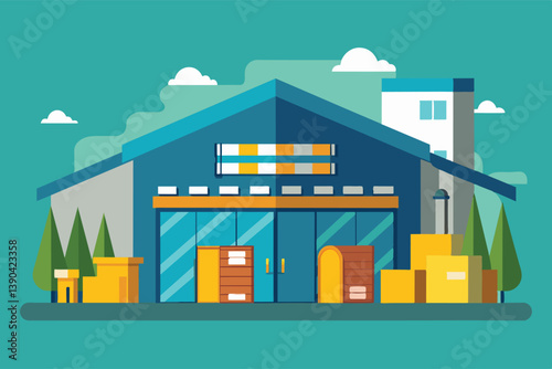 A cartoon illustration of a modern warehouse building with large glass doors, boxed goods, and a clear, sunny sky.