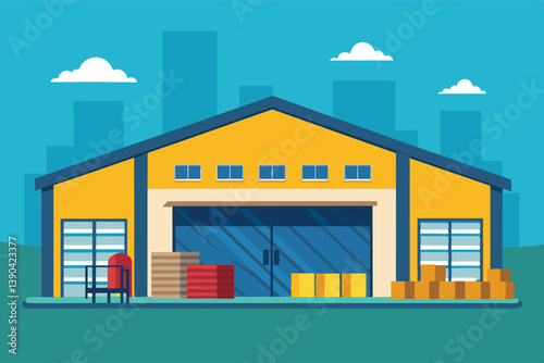 A cartoon illustration of a large yellow warehouse building with its doors open and boxes stacked in front of it.