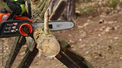 Man cutting firewood with an electric chainsaw