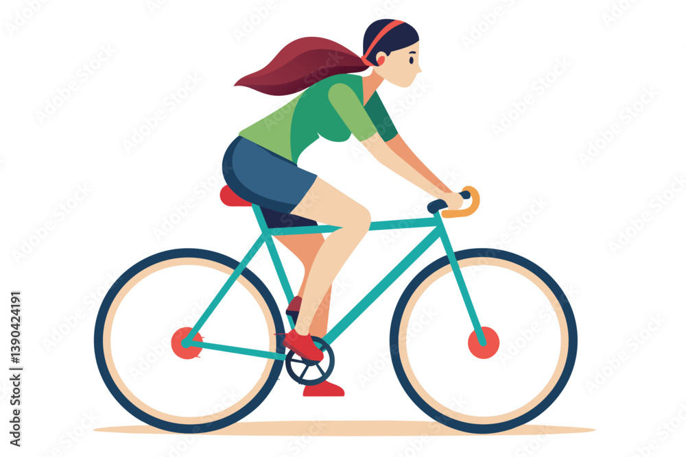 Obraz premium A woman with long red hair is riding a blue bicycle with headphones on. She is wearing a green shirt and blue shorts. The bicycle has a white frame and black tires.