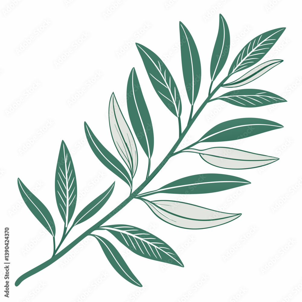 Fototapeta premium Green leafy branch clip art in flat design with shadow