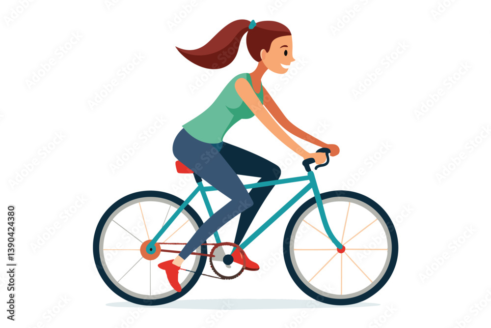 Obraz premium A cartoon illustration of a woman with brown hair riding a blue bicycle. She is wearing a green tank top, blue pants, and red shoes.
