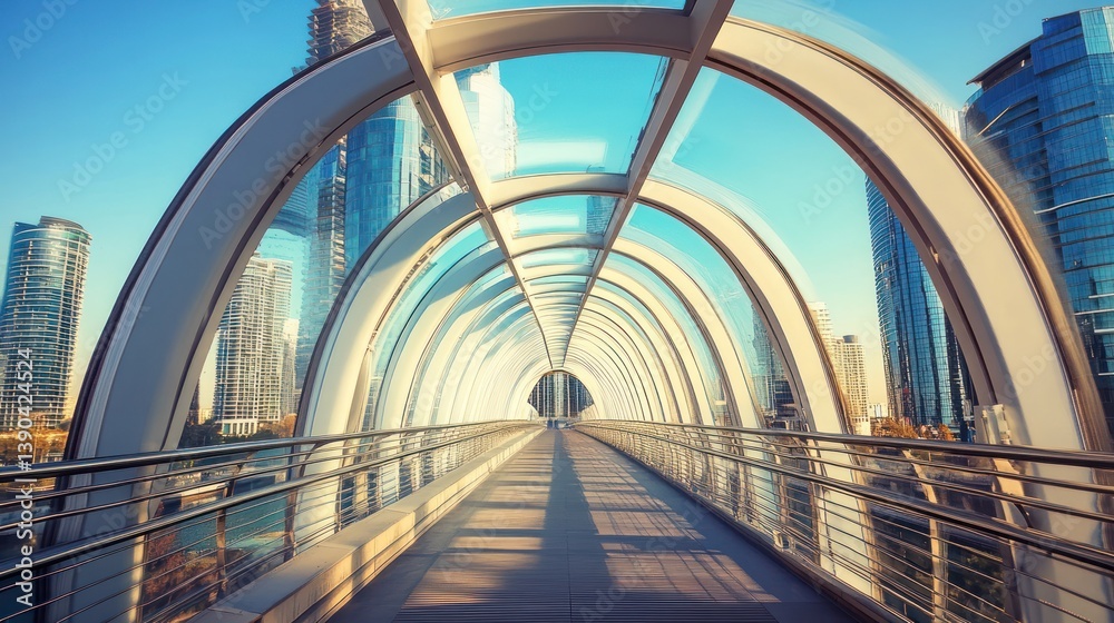 Fototapeta premium Modern glass pedestrian bridge connecting city skyscrapers