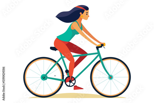 A cartoon illustration of a woman riding a teal bicycle on a white background. She is wearing a green tank top and red pants.