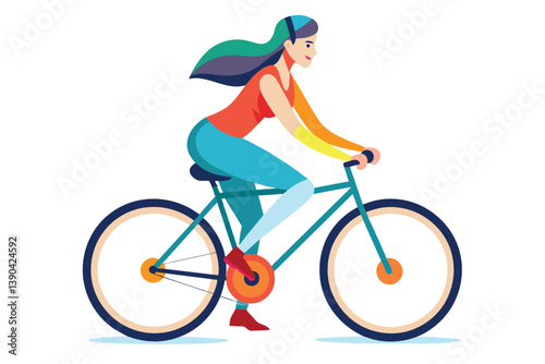 A woman with rainbow hair rides a bicycle, smiling as she pedals along.