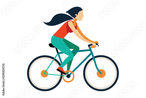 A simple, cartoon illustration depicting a woman riding a bicycle in casual clothing on a sunny day. The illustration is minimalist and emphasizes the activity of cycling.