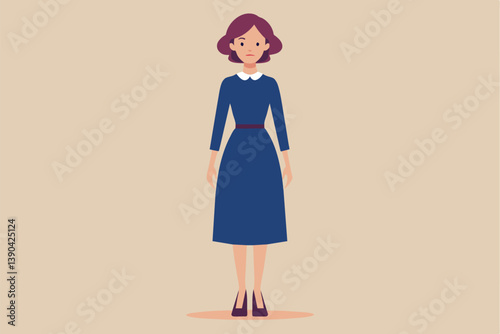 An illustration of a woman standing in a blue dress with a white collar. She has purple hair and is standing with her hands at her sides.