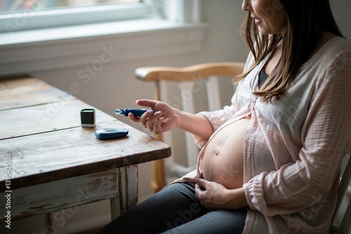 Pregnant Woman Monitoring Blood Sugar Level During Pregnancy At Home With Glucometer And Lancing Device