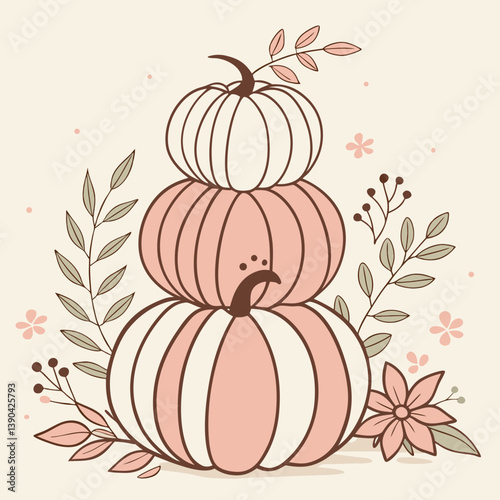 Stack of pumpkins in pastel colors with floral decoration