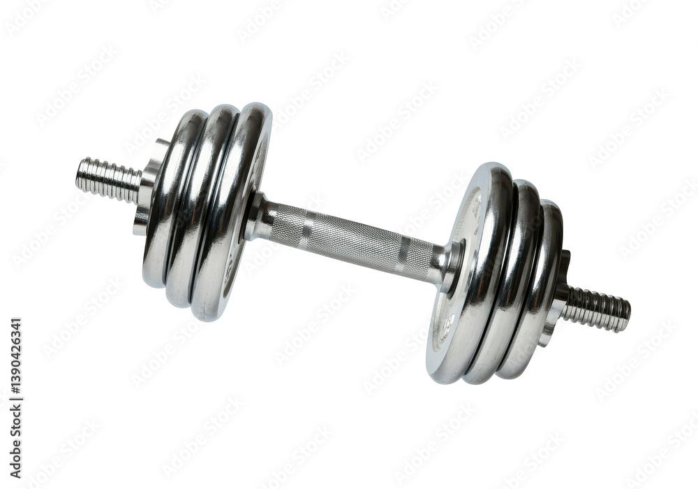 Fototapeta premium A horizontally floating dumbbell with a chrome finish, on a solid white background