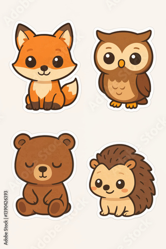 Adorable cartoon illustration featuring four forest animals: fox, owl, bear and hedgehog, all smiling or calm, ideal for children’s designs, storytelling and creative projects