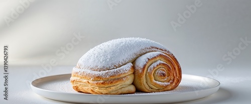 Delicious pastry roll with powdered sugar on a white plate.