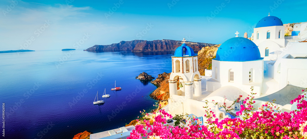 white church belfry and volcano caldera with sea landscape, beautiful details of Santorini island, Greece, banner