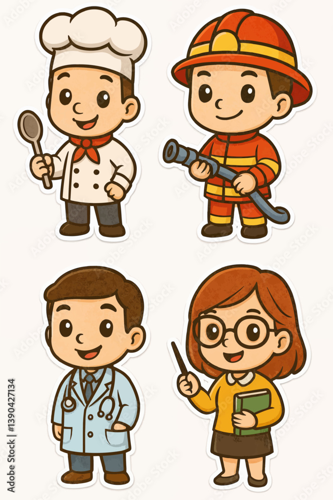 Adorable cartoon illustration featuring four professional characters: chef, firefighter, doctor and teacher, all smiling and friendly, perfect for educational and children’s materials Adorable cartoon illustration featuring four professional characters: chef, firefighter, doctor and teacher, all smiling and friendly, perfect for educational and children’s materials