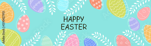 Happy Easter greeting card with colorful eggs. Minimalistic pastel design for spring and holiday decorations