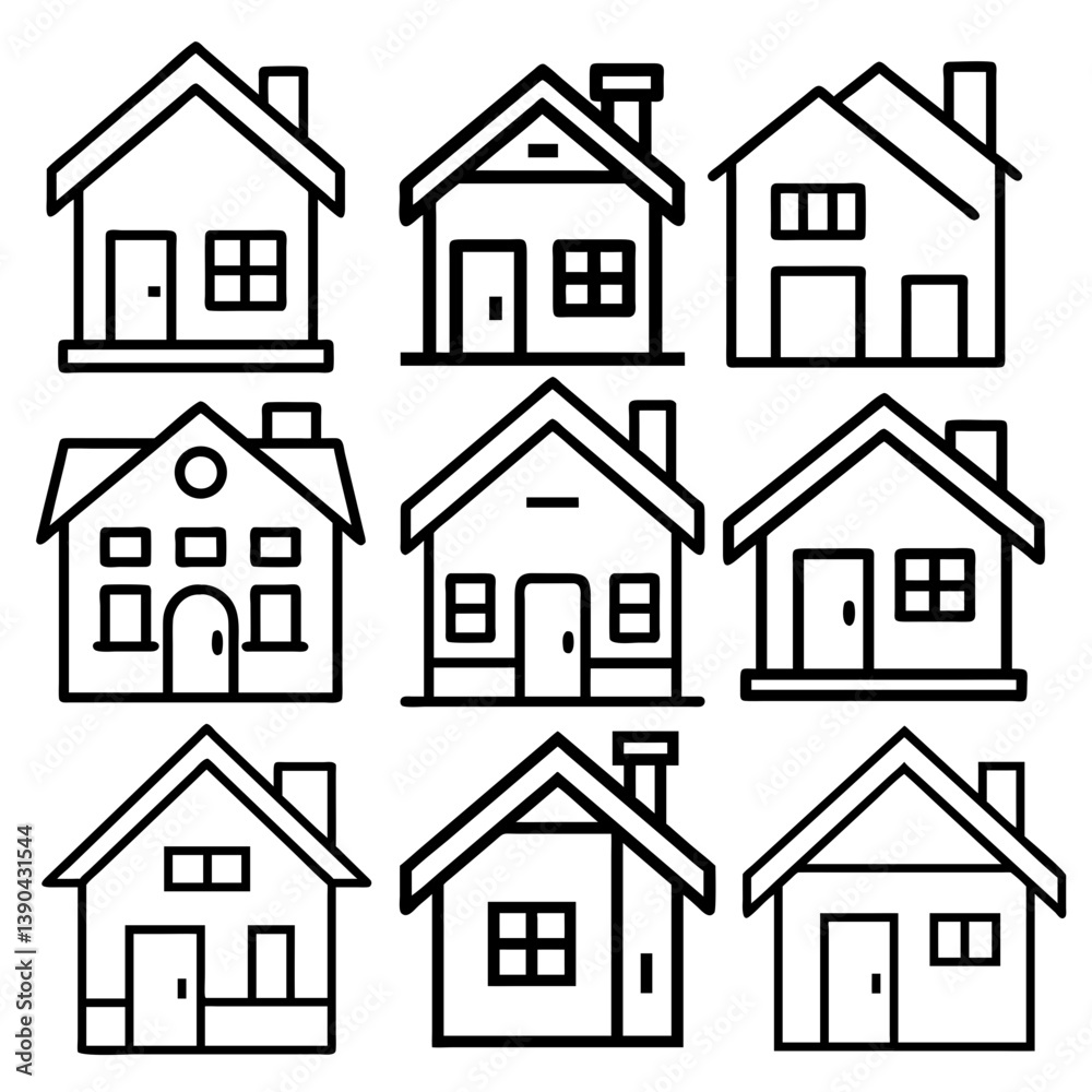 Fototapeta premium House icon set. Home vector illustration sign. Hotel symbol. Simple house symbol. Smart home icon collection. Main page pictogram in filled, thin line, outline editable Stroke. house icon, housing.