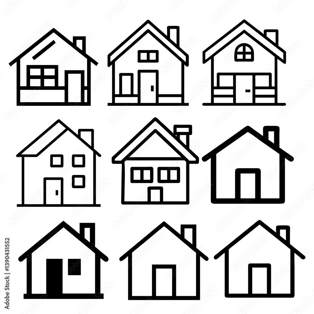 Fototapeta premium House icon set. Home vector illustration sign. Hotel symbol. Simple house symbol. Smart home icon collection. Main page pictogram in filled, thin line, outline editable Stroke. house icon, housing.
