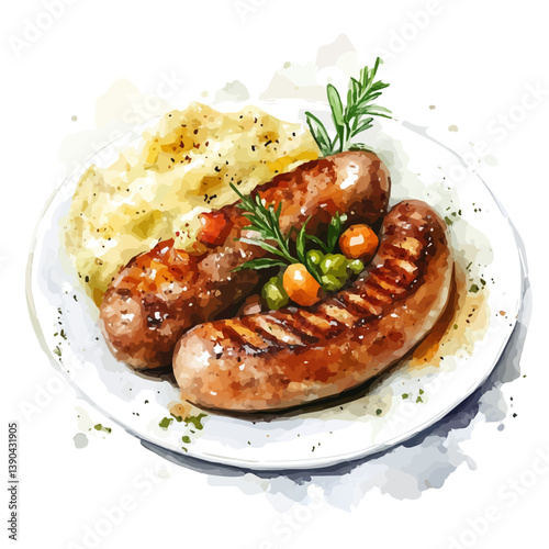 A watercolor painting of Bangers and Mash, isolated on a white background. Bangers and Mash vector

